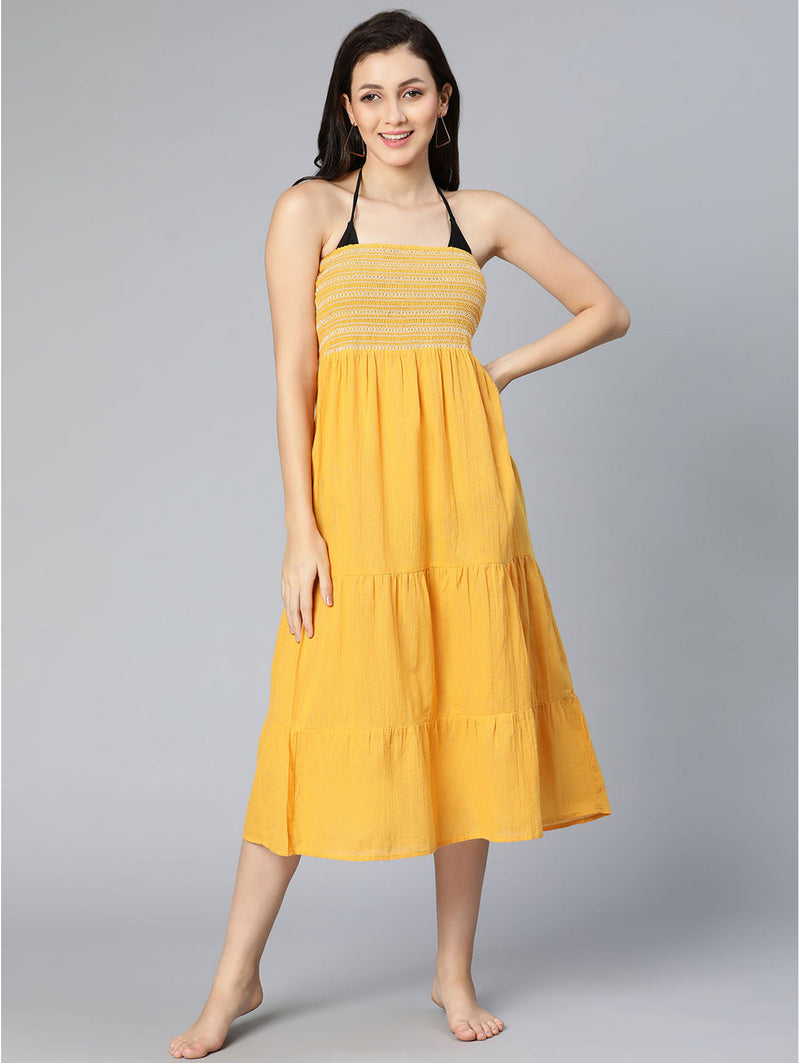 buy mustard color elasticated off-shoulder beachwear dress