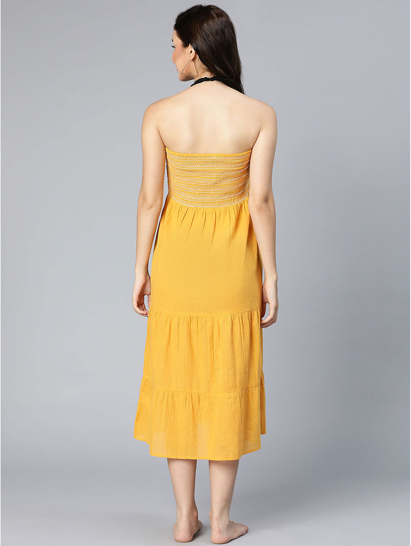 women mustard color elasticated off-shoulder beachwear dress