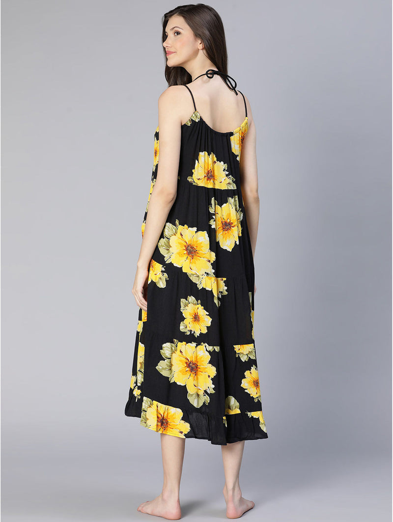 women sun flowered black beachwear dress