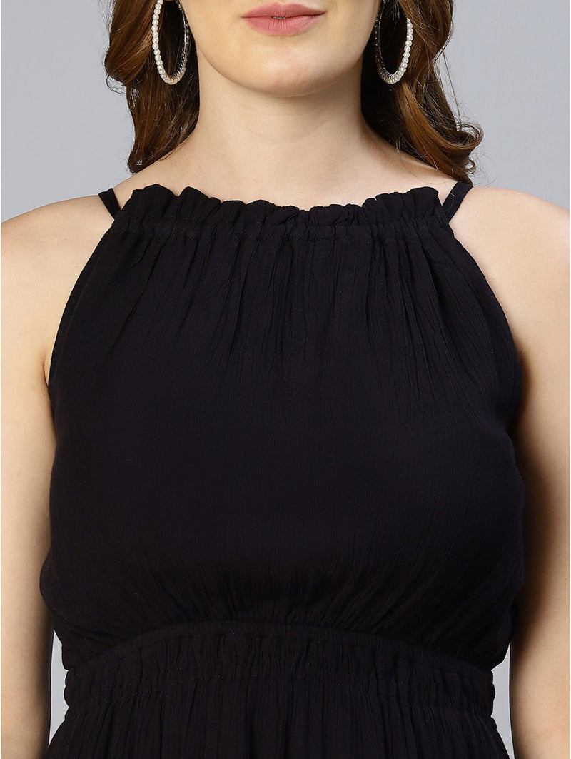 shop romanceful solid black elasticated dress