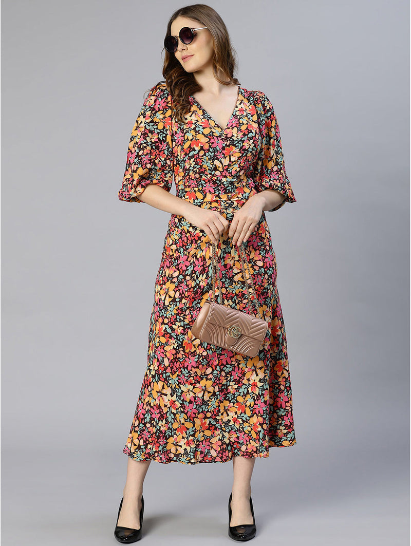 oxolloxo versatile colors floral printed puff sleeve pleated dress