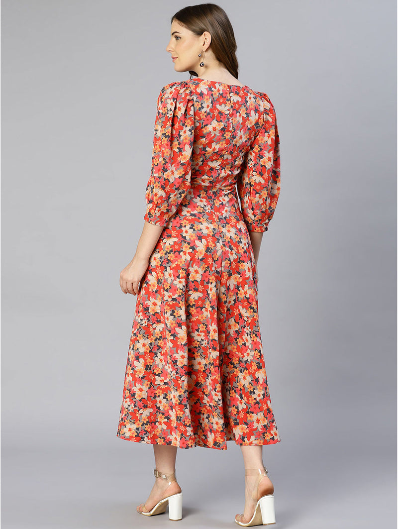 women autumnal multicolour floral printed puff sleeve pleated dress