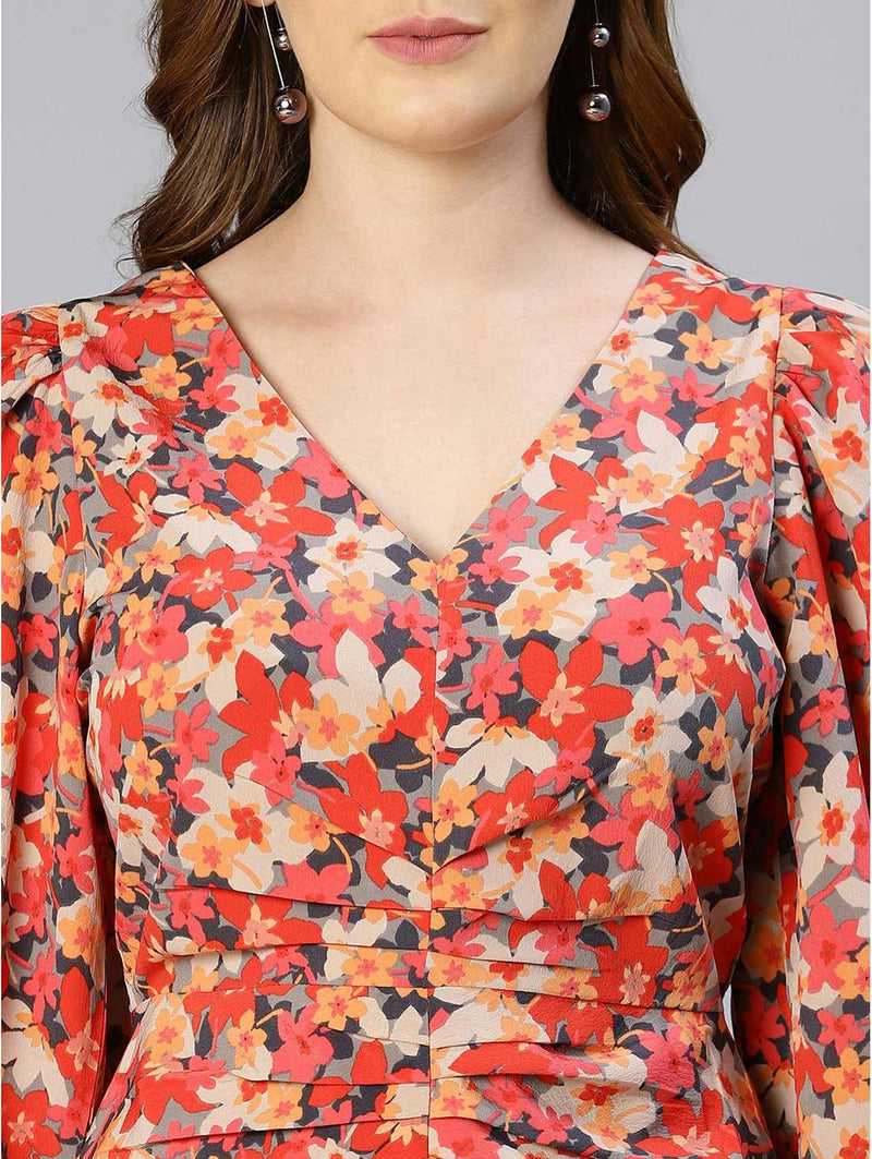 shop autumnal multicolour floral printed puff sleeve pleated dress