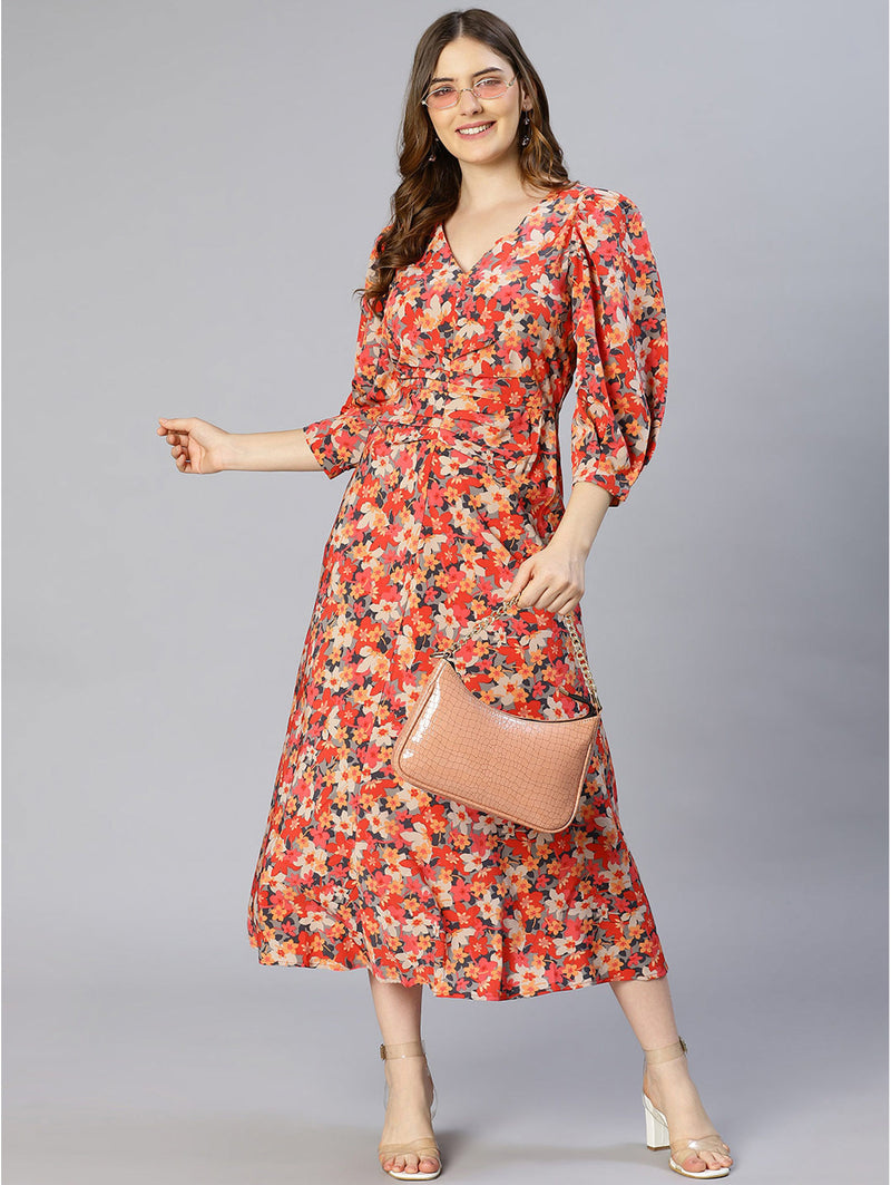 oxolloxo autumnal multicolour floral printed puff sleeve pleated dress
