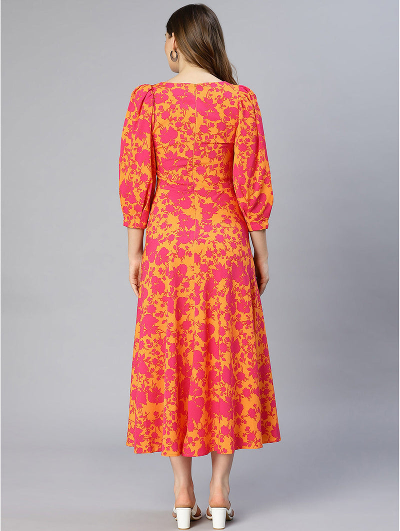 women queer orange floral printed puff sleeve pleated dress