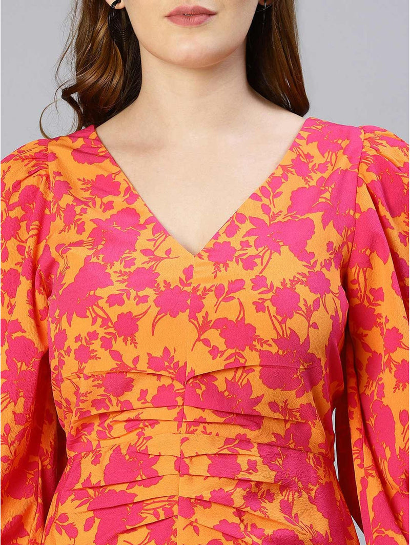 shop queer orange floral printed puff sleeve pleated dress