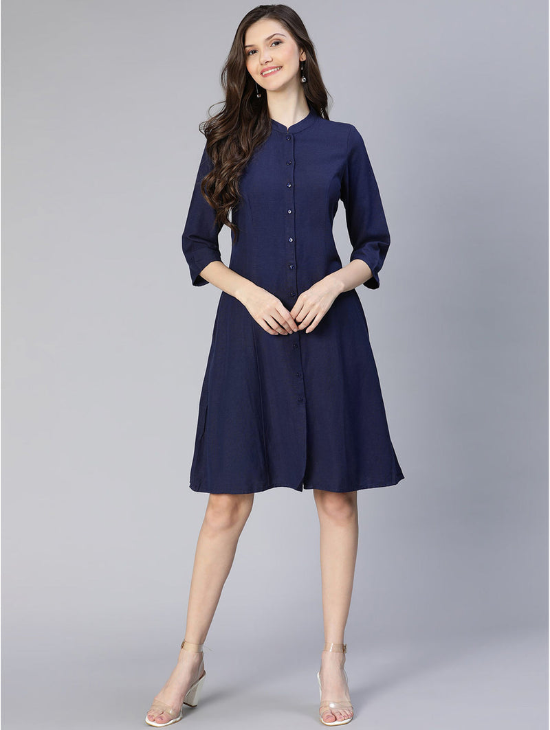 oxolloxo fresh dark blue casual button-down dress