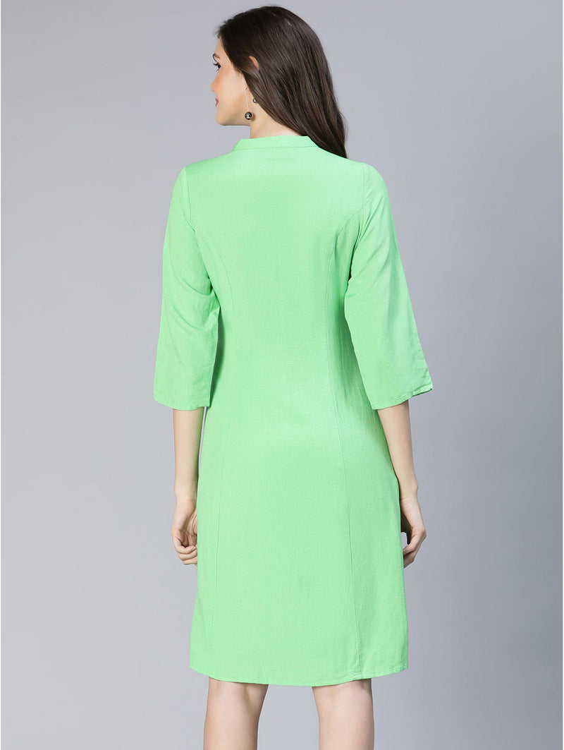 women florescent solid green button-down casual dress