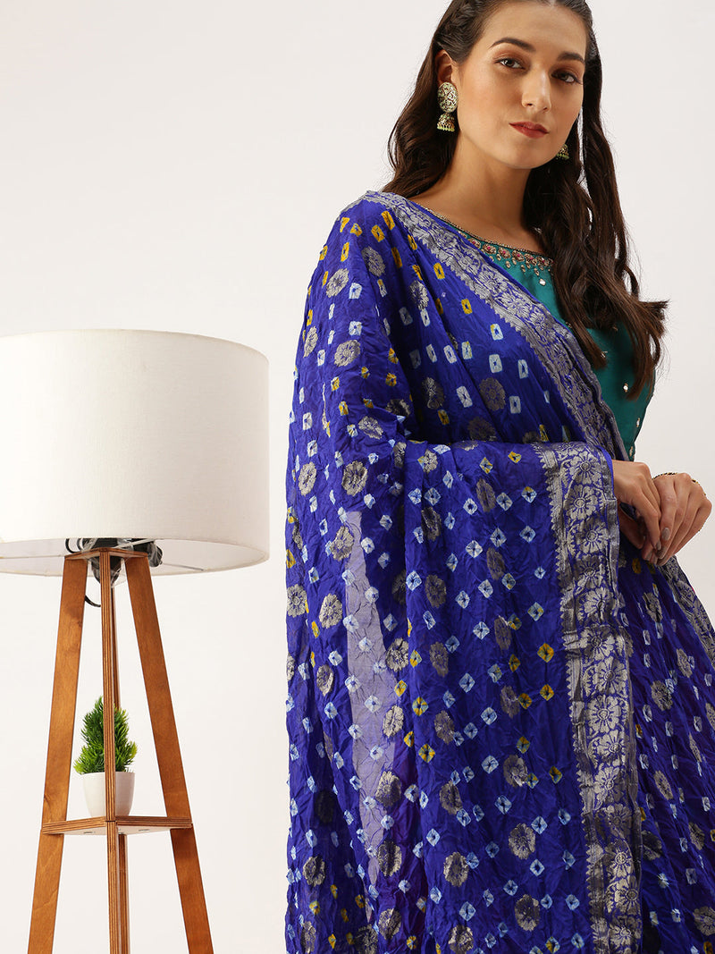 Ink Blue Silk Dupatta With Woven and Zari Work