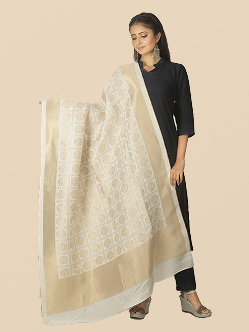 sanwara cream gold woven design pure silk dupatta