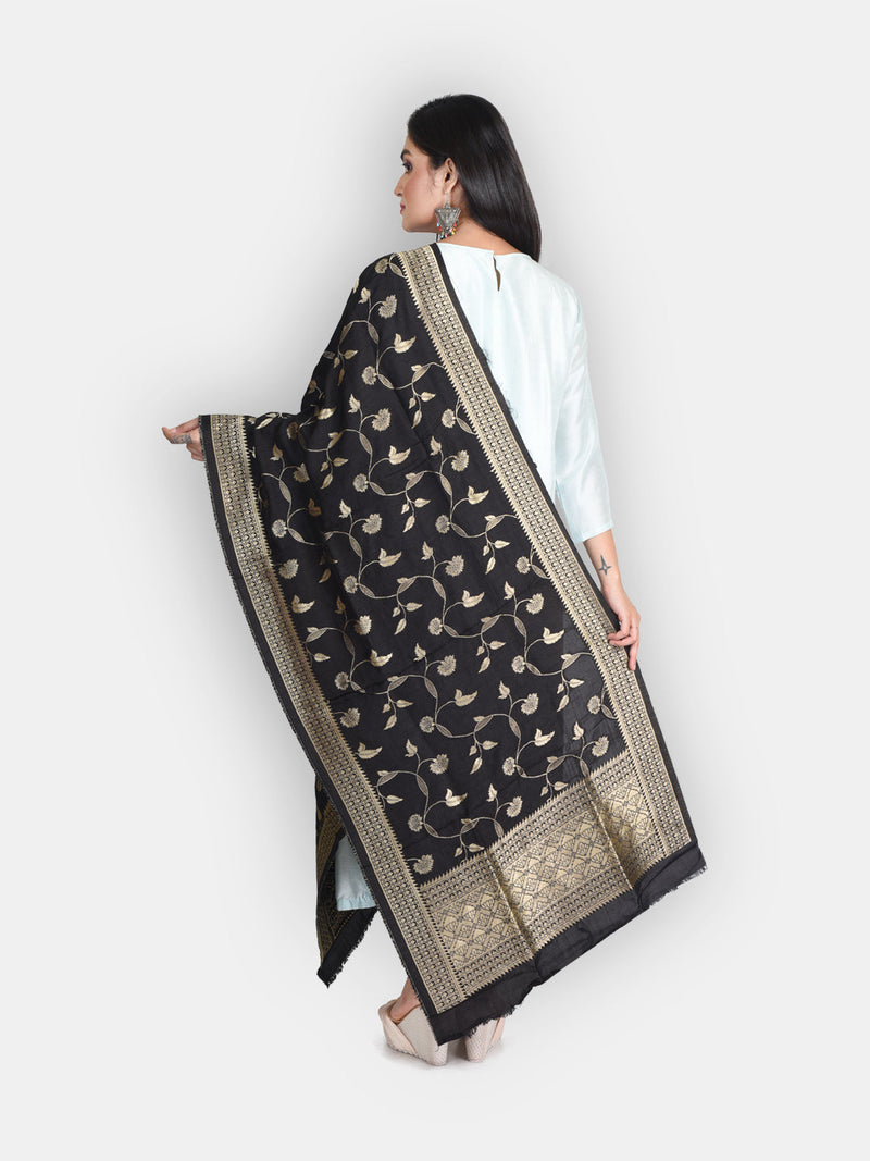 women silk weave pattern black dupatta zari work