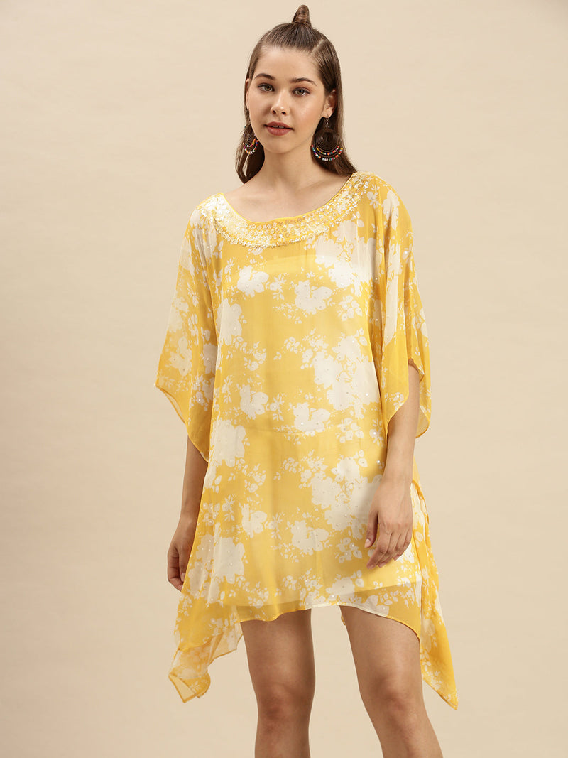 sanwara yellow floral georgette kaftan dress