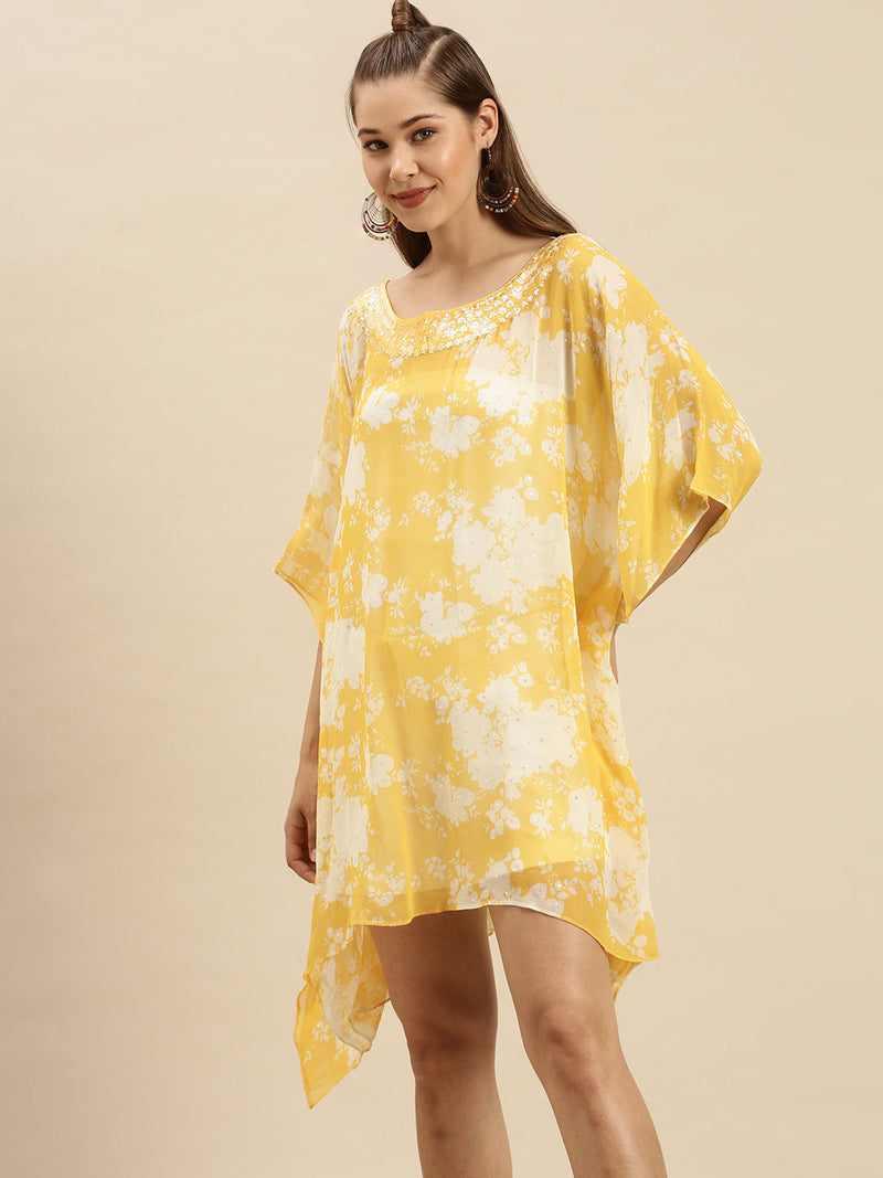 yellow printed floral design sequins work kaftan