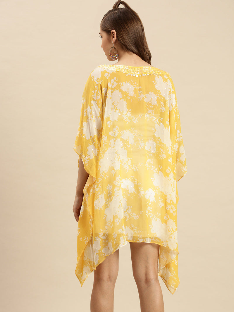 women yellow printed floral design sequins work kaftan