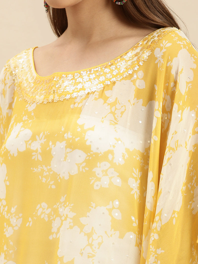 yellow printed floral design sequins work kaftan sanwara