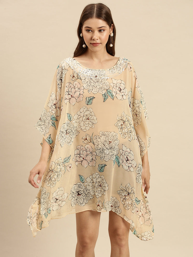 sanwara beige floral georgette kaftan dress