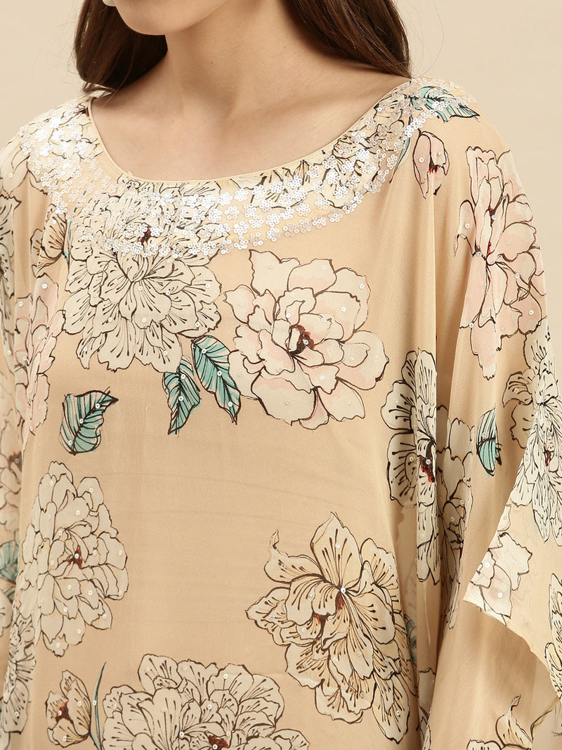 beige printed floral design sequins work kaftan