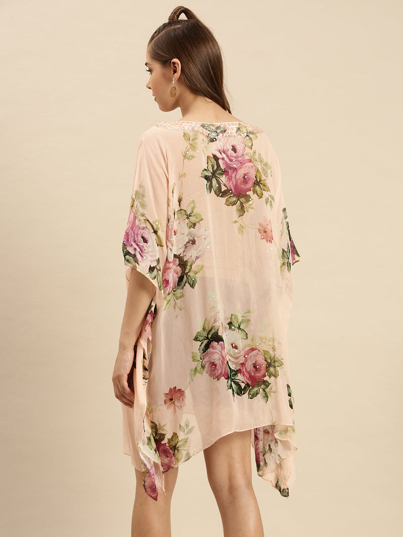 women peach printed floral design sequins work kaftan