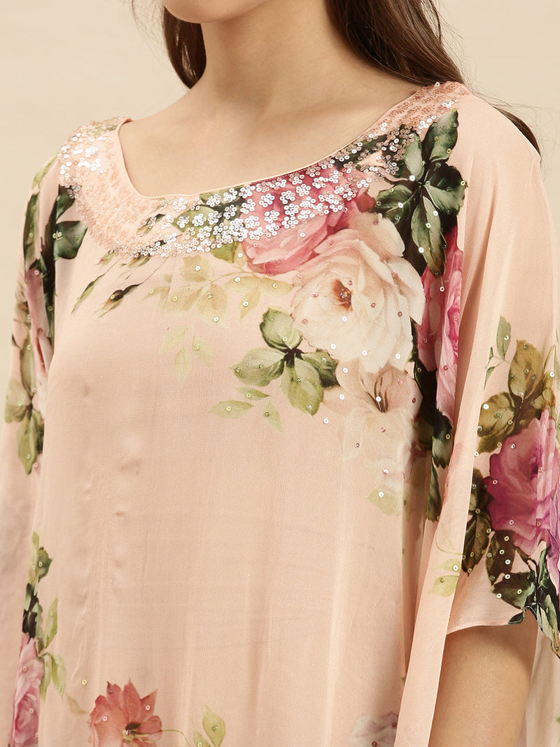 peach printed floral design sequins work kaftan
