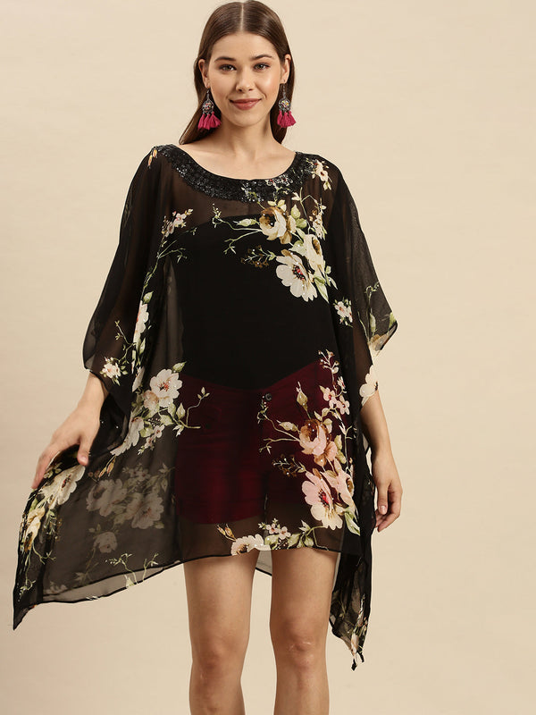 sanwara black floral georgette kaftan dress