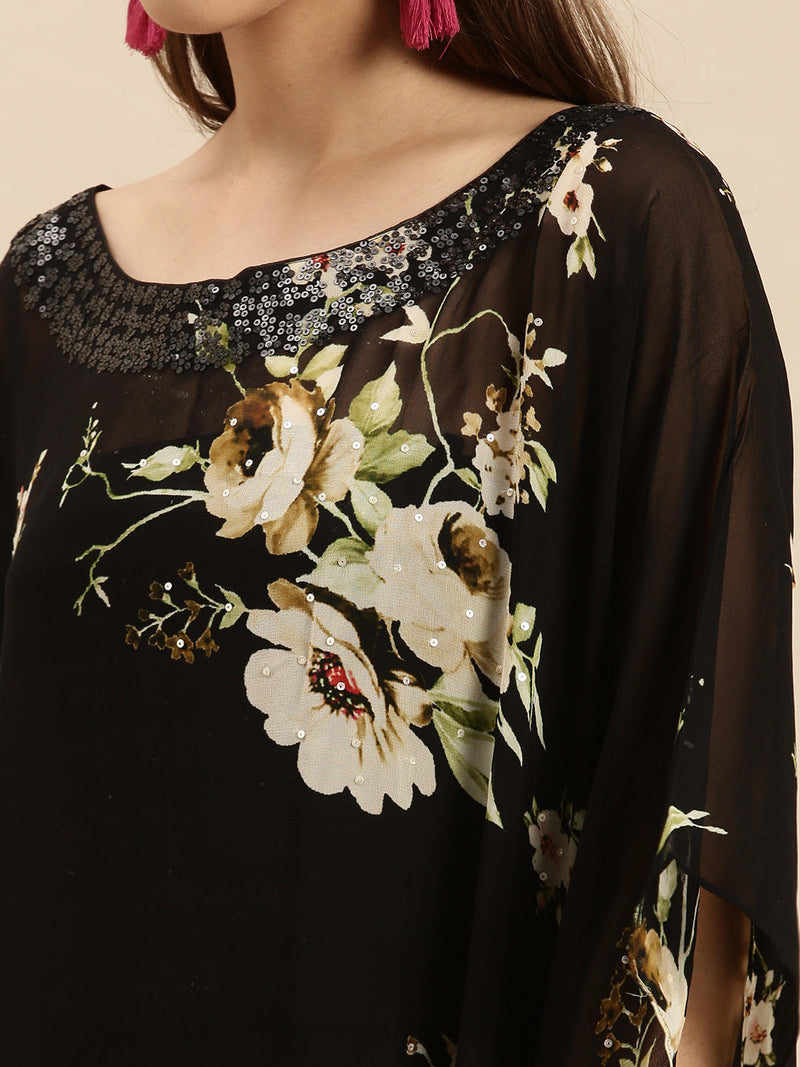 black printed floral design sequins work kaftan