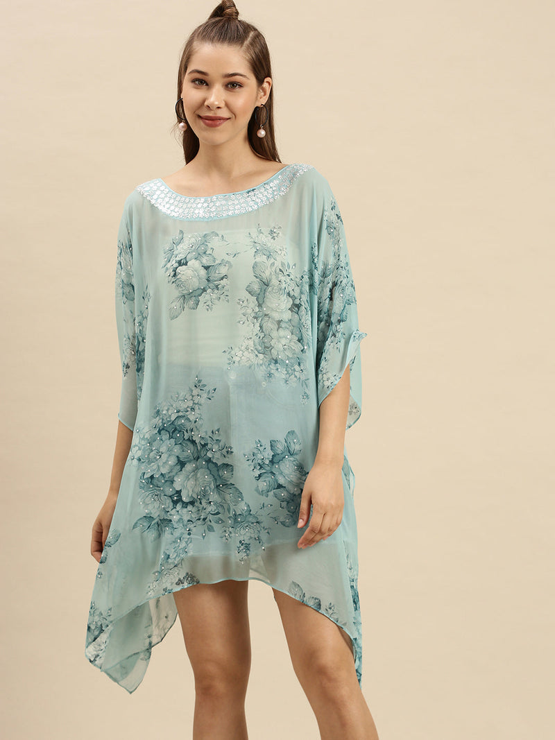 sanwara sea blue floral georgette kaftan dress