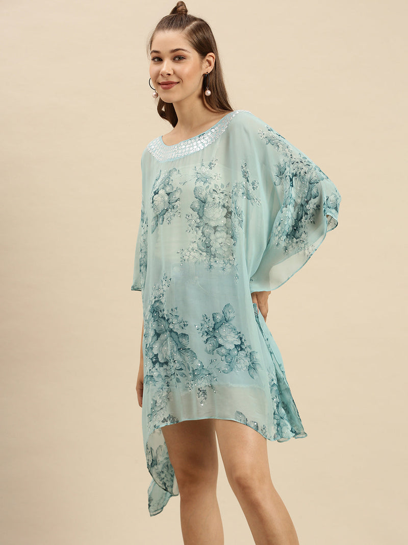 sea blue printed floral design sequins work kaftan sanwara
