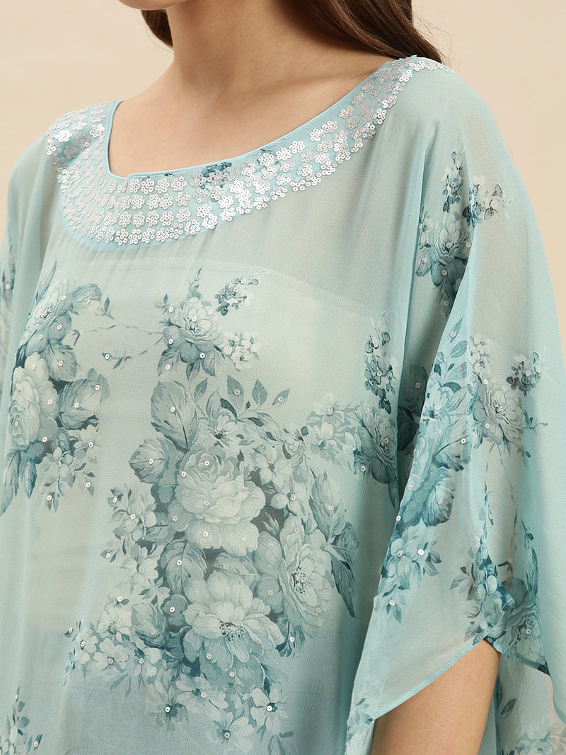 sea blue printed floral design sequins work kaftan