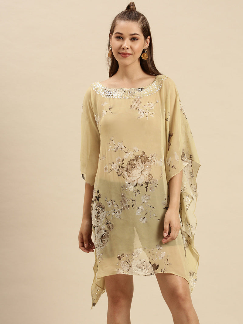 sanwara beige floral georgette kaftan dress