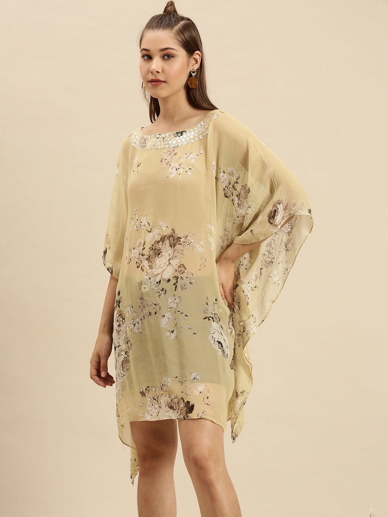 beige printed floral design sequins work kaftan