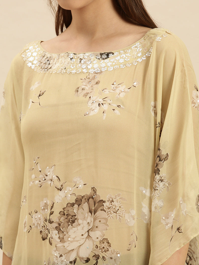 beige printed floral design sequins work kaftan sanwara