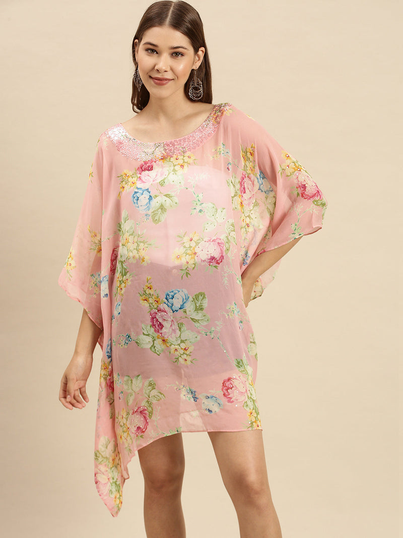 sanwara pink floral georgette kaftan dress