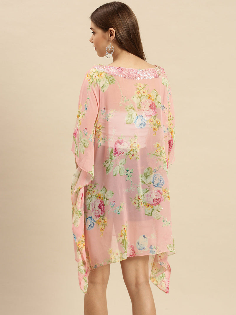 women pink printed floral design sequins work kaftan