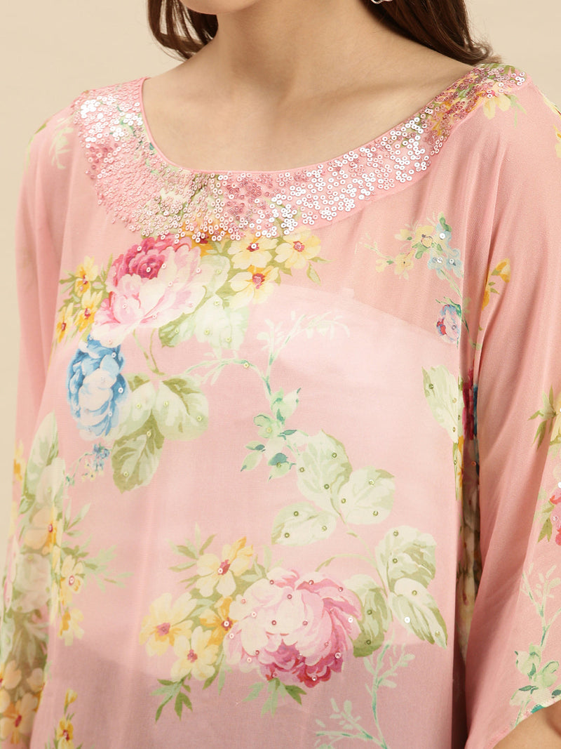 pink printed floral design sequins work kaftan