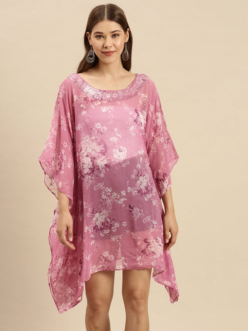sanwara deep pink floral georgette kaftan dress