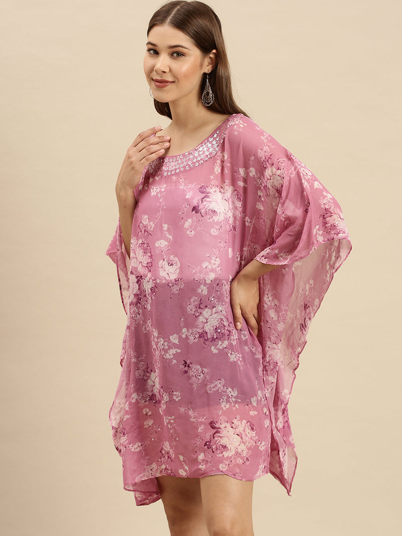 deep pink printed floral design sequins work kaftan sanwara
