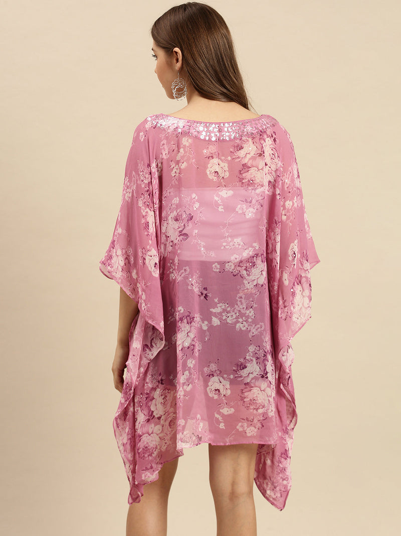 women deep pink printed floral design sequins work kaftan