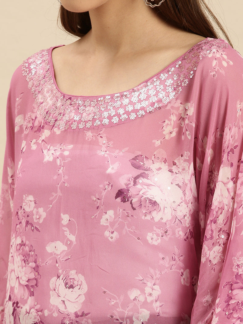 deep pink printed floral design sequins work kaftan