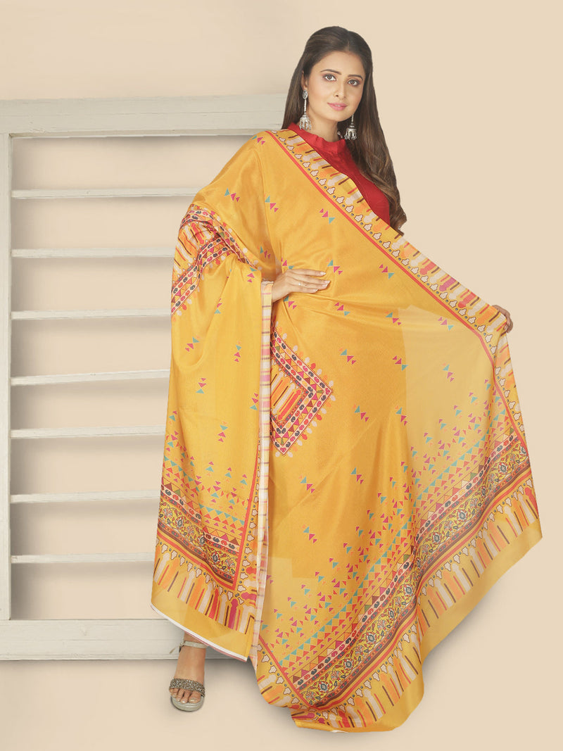 yellow red printed tusser silk dupatta sanwara 