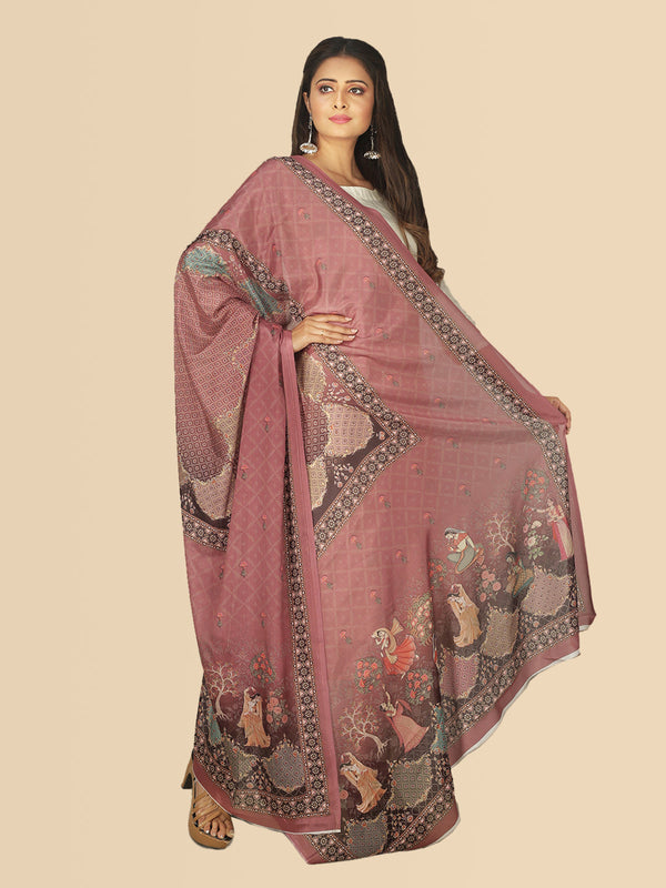 sanwara pink green printed gajari tusser silk dupatta