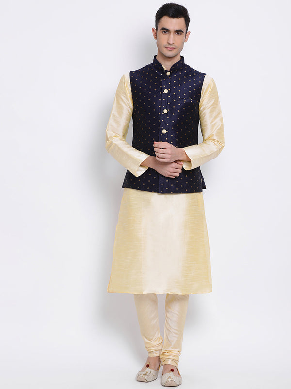 sanwara blue nehru jacket and beige kurta set for men