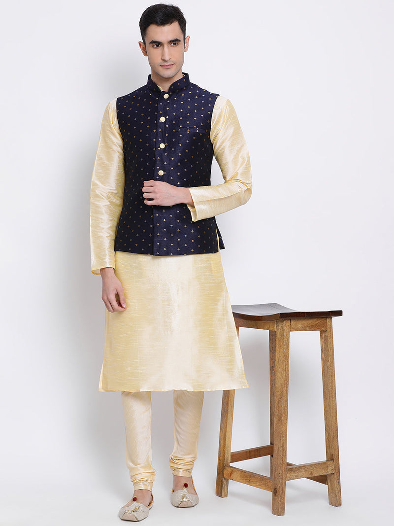 online blue nehru jacket and beige kurta set for men
