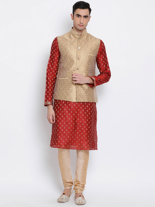 sanwara beige nehru jacket and red plain kurta for men