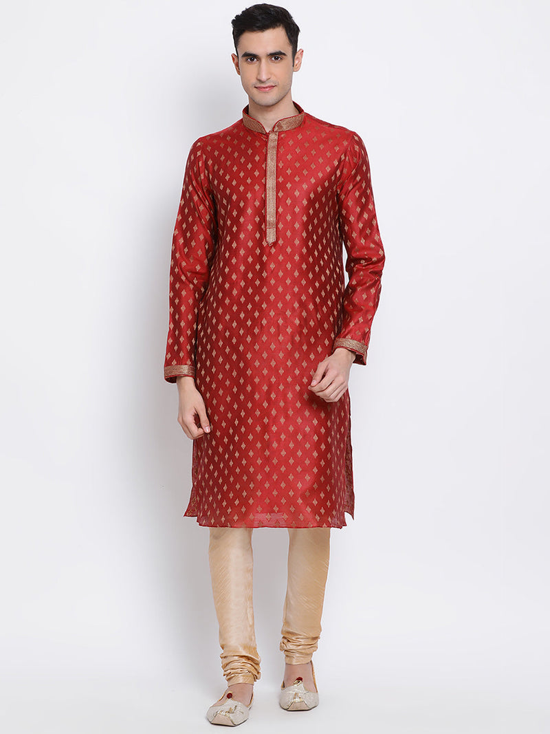 online beige nehru jacket and red plain kurta for men