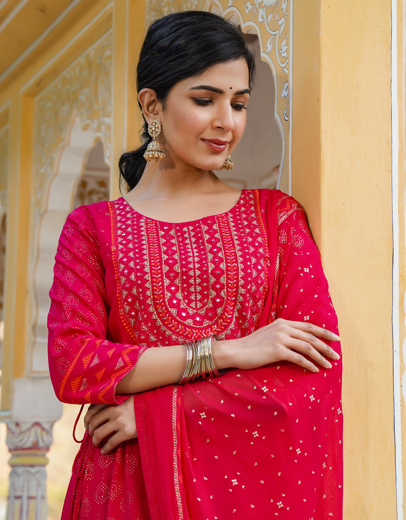 Vibrant Pink Flared Kurti With Dupatta