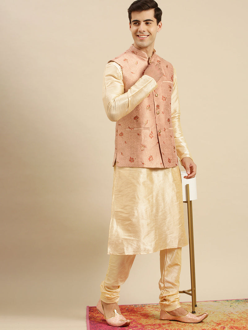 sanwara men printed solid art silk peach color jacket kurta set