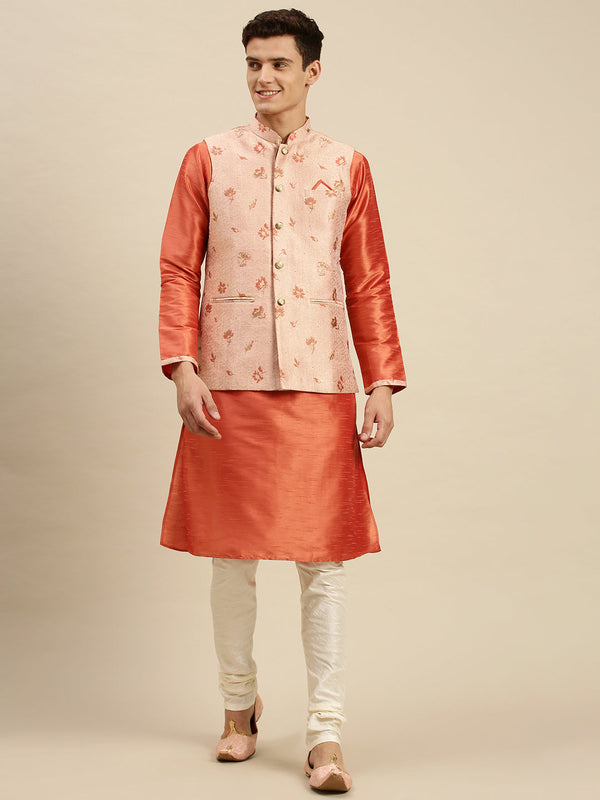 sanwara peach color ethnic nehru jacket maroon kurta set
