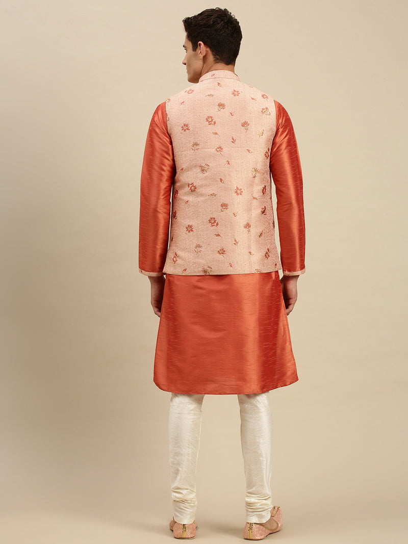 sanwara men printed solid art silk peach color jacket maroon kurta set