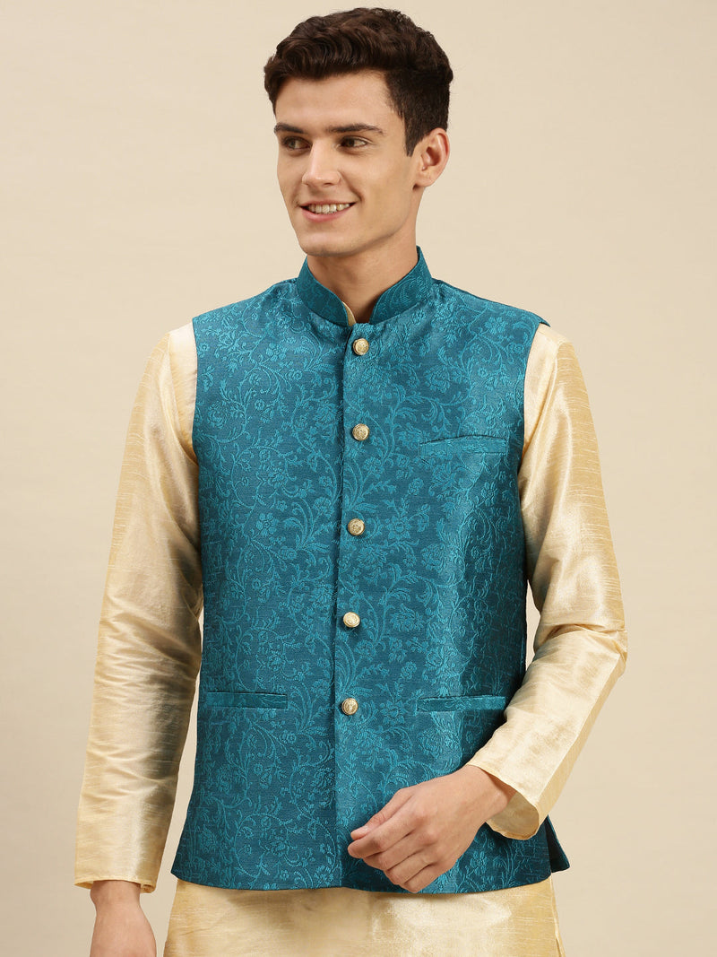 firozi blue printed silk nehru jacket for men