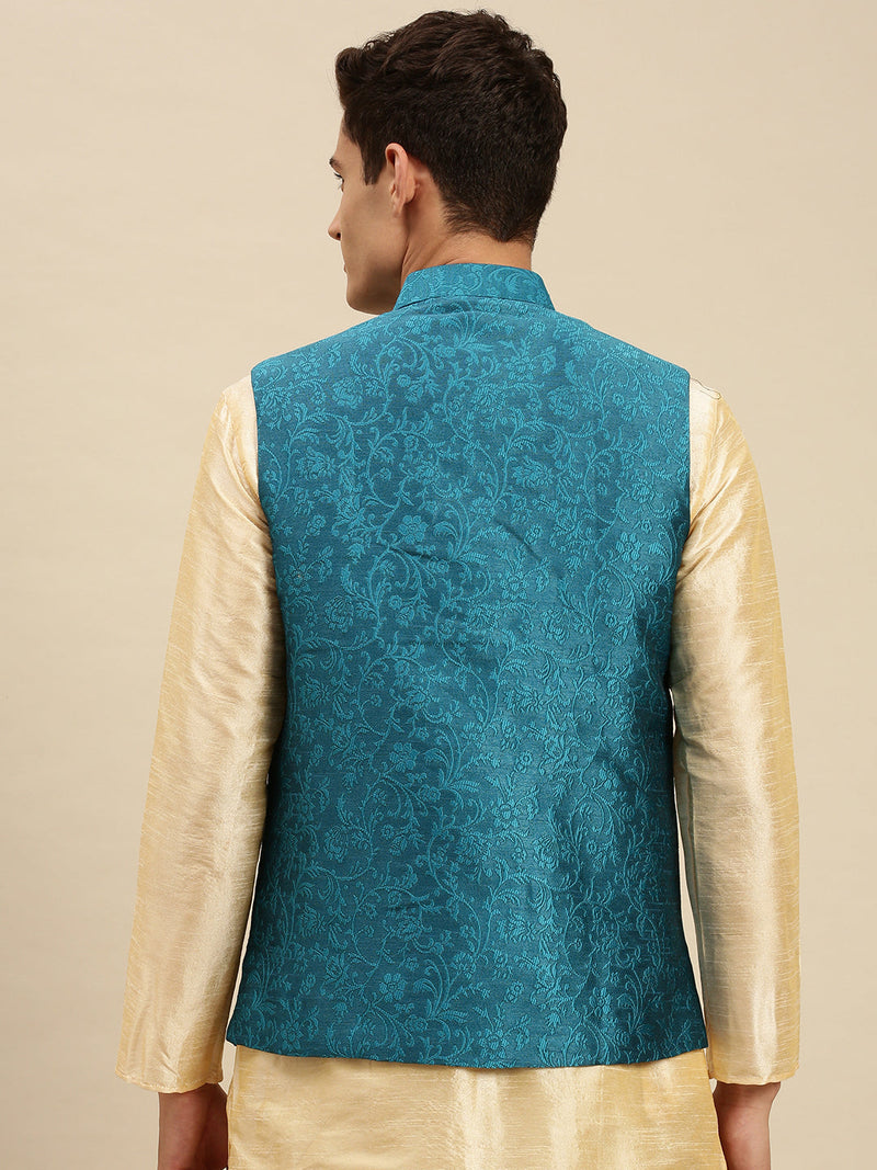 buy sanwara firozi blue printed art silk ethnic bandi jacket